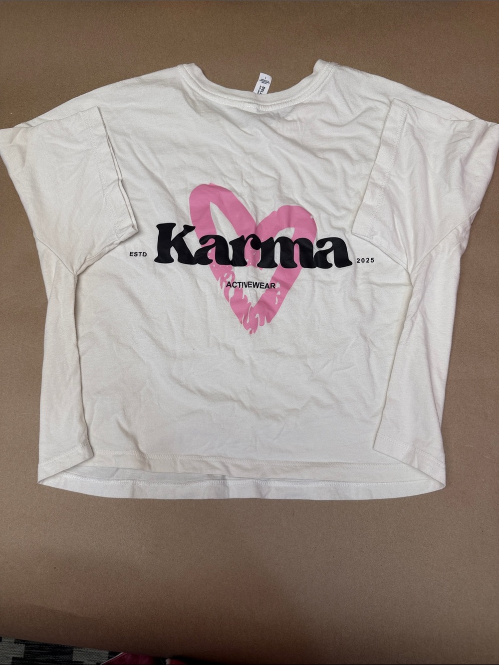 Karma Off White Short Sleeve Tee with Pink Heart Graphic